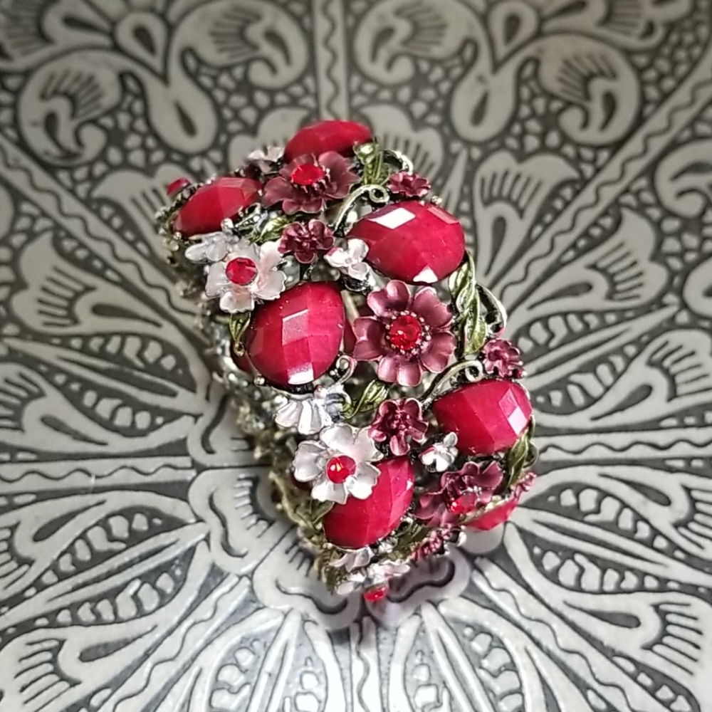 Bling Jewelry Wide Cuff Bracelet Red Garnet Floral